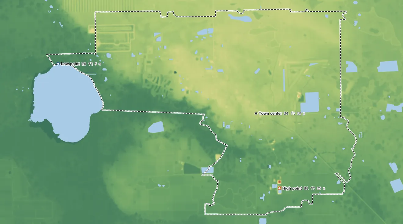 Topographic elevation map of Immokalee, Florida, shaded from 16 ft on the west side to 81 ft on the south side