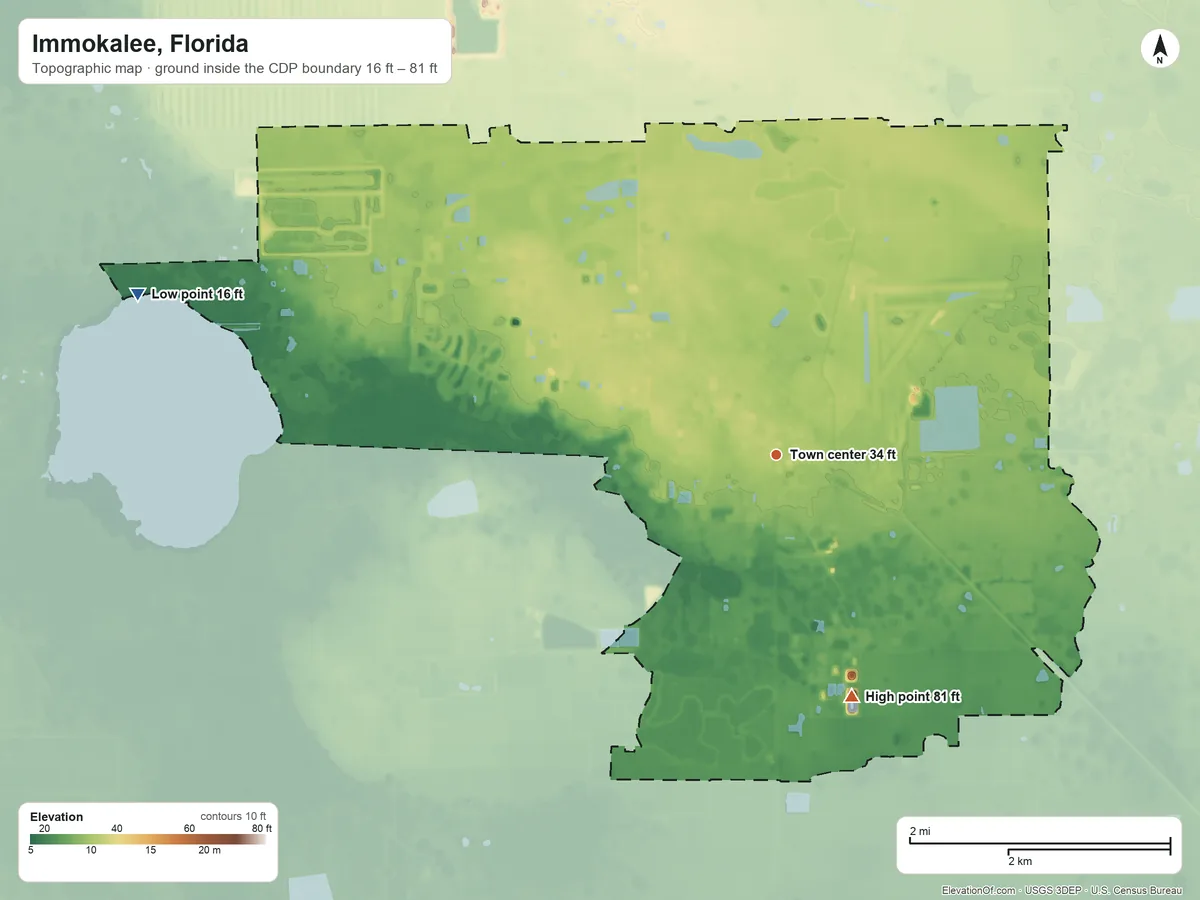 Topographic elevation map of Immokalee, Florida, shaded from 16 ft on the west side to 81 ft on the south side