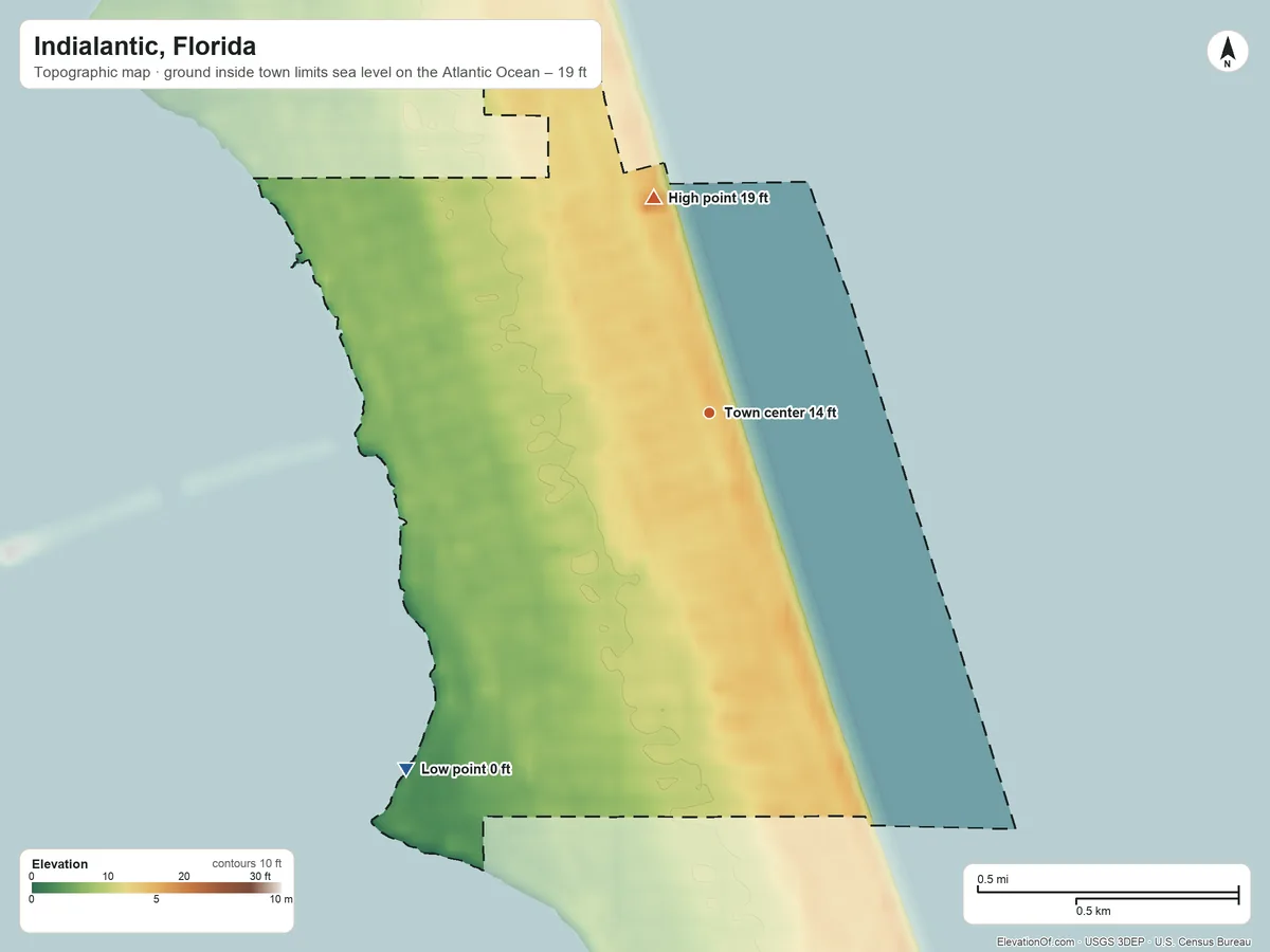 Topographic elevation map of Indialantic, Florida, shaded from sea level level on the Atlantic Ocean to 19 ft on the north side