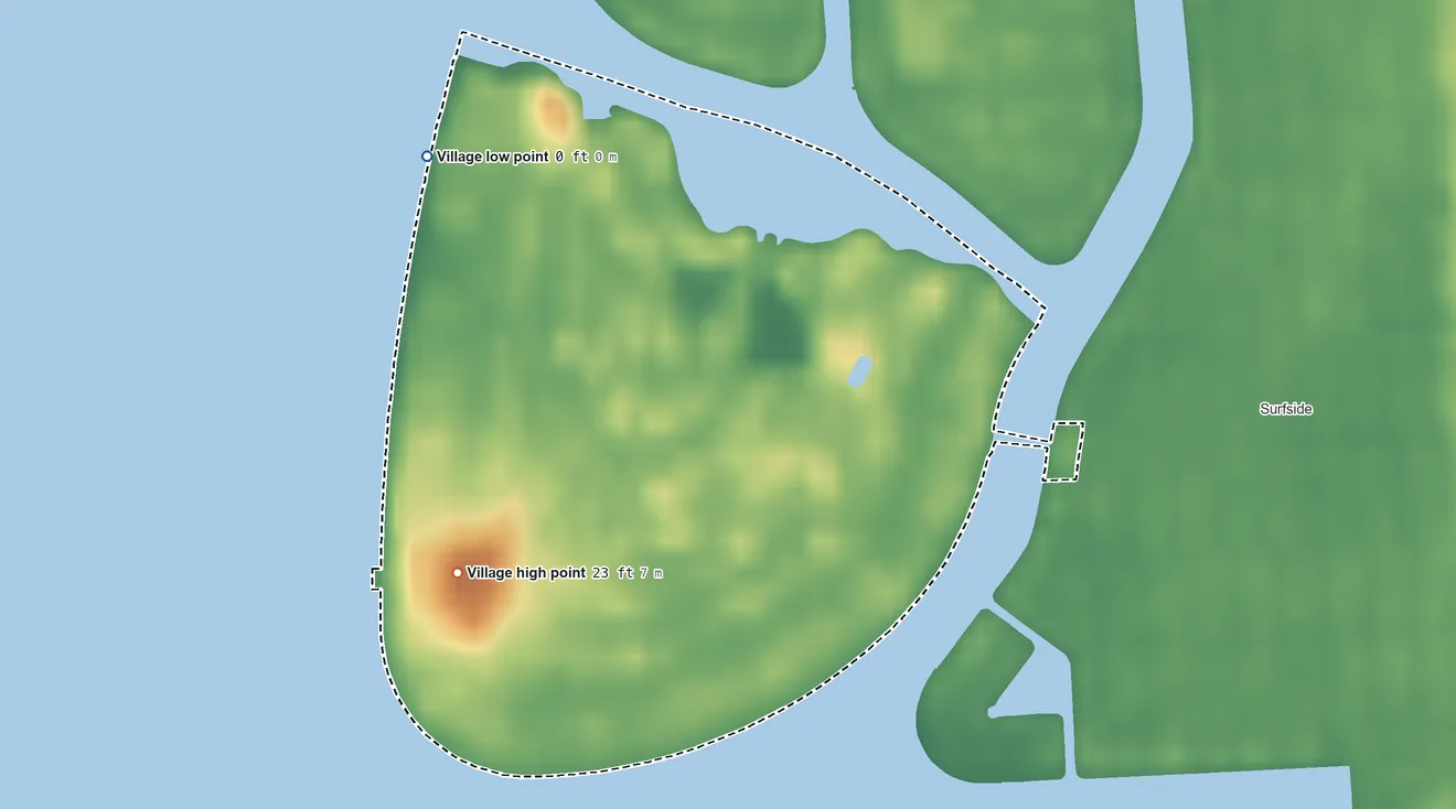 Topographic elevation map of Indian Creek, Florida, shaded from sea level level on Biscayne Bay to 23 ft on the southwest side