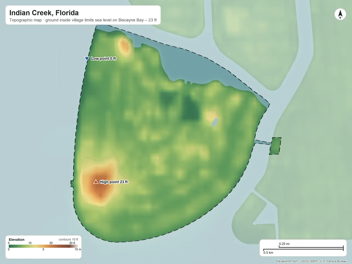 Topographic elevation map of Indian Creek, Florida, shaded from sea level level on Biscayne Bay to 23 ft on the southwest side