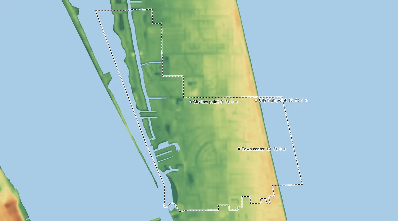 Topographic elevation map of Indian Harbour Beach, Florida, shaded from sea level level on the Atlantic Ocean to 16 ft on the north side