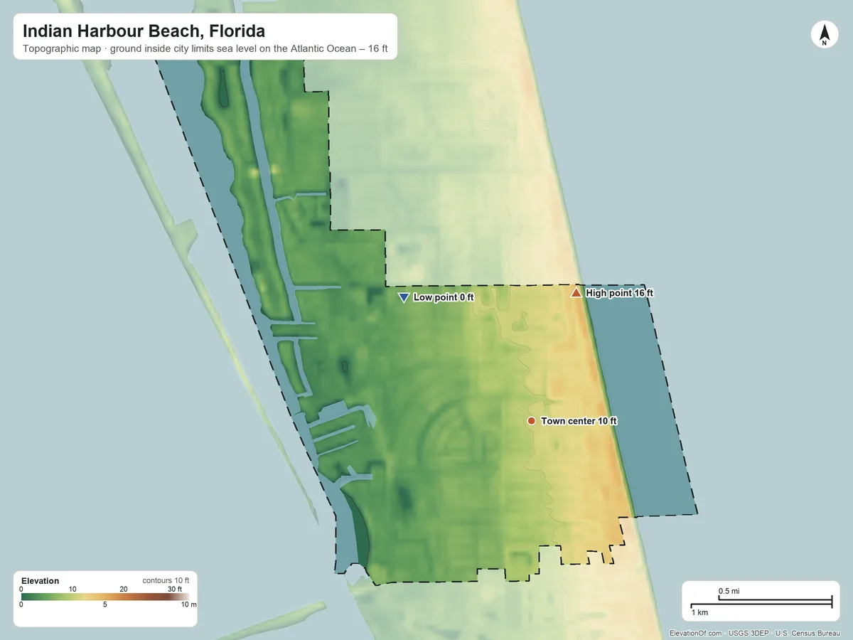 Topographic elevation map of Indian Harbour Beach, Florida, shaded from sea level level on the Atlantic Ocean to 16 ft on the north side
