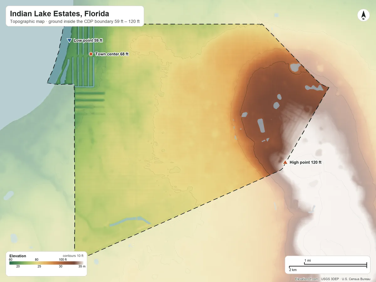 Topographic elevation map of Indian Lake Estates, Florida, shaded from 59 ft near the middle to 120 ft on the southeast side