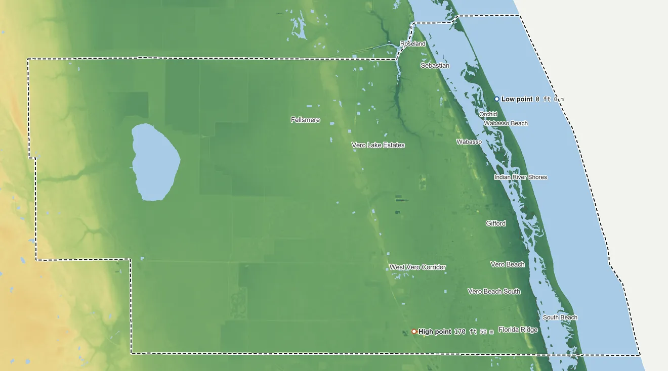 Topographic elevation map of Indian River County, Florida, shaded from sea level on the Atlantic Ocean to 170 ft on the southeast side