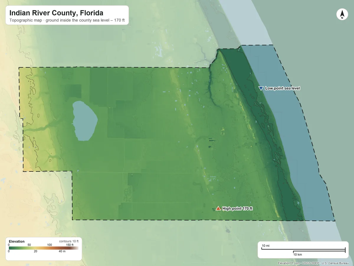 Topographic elevation map of Indian River County, Florida, shaded from sea level on the Atlantic Ocean to 170 ft on the southeast side
