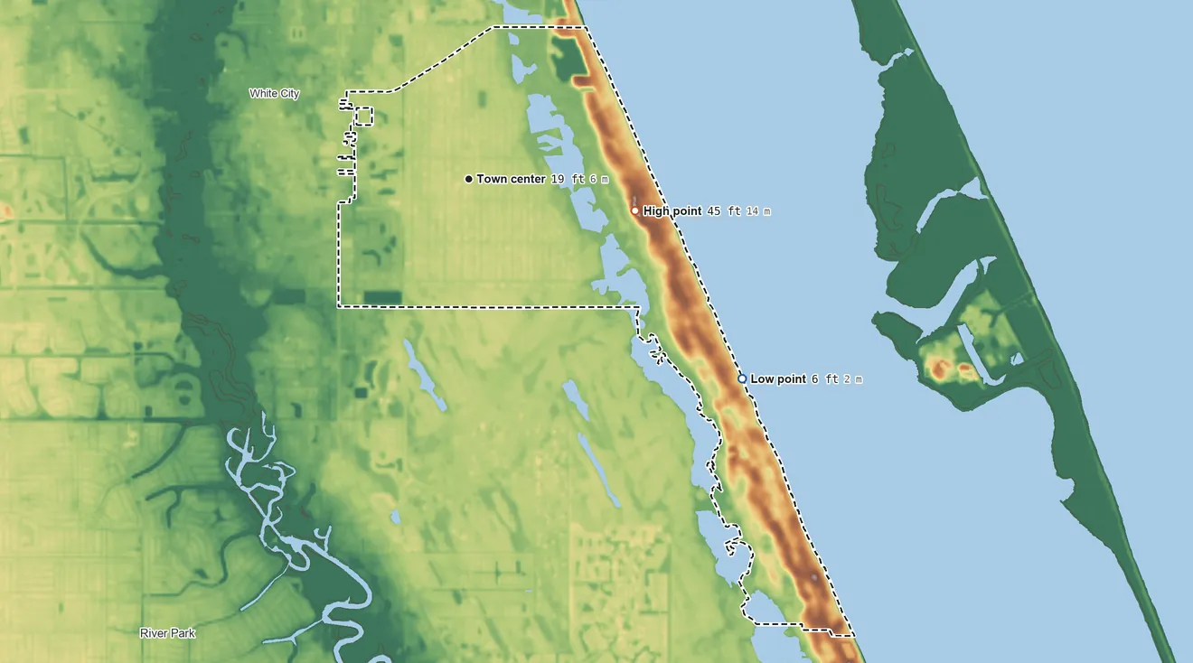 Topographic elevation map of Indian River Estates, Florida, shaded from 6 ft on the southeast side to 45 ft on the east side