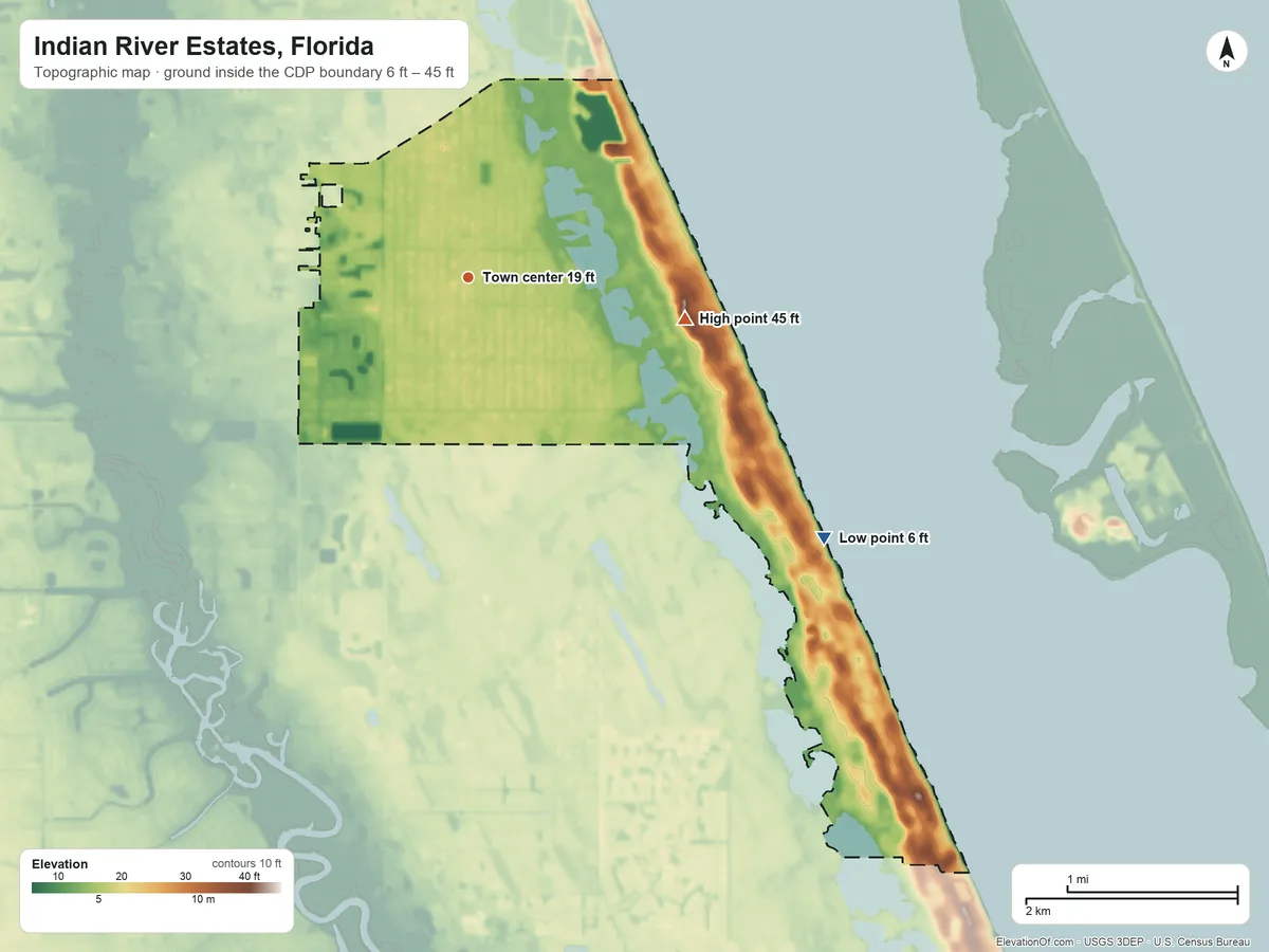 Topographic elevation map of Indian River Estates, Florida, shaded from 6 ft on the southeast side to 45 ft on the east side