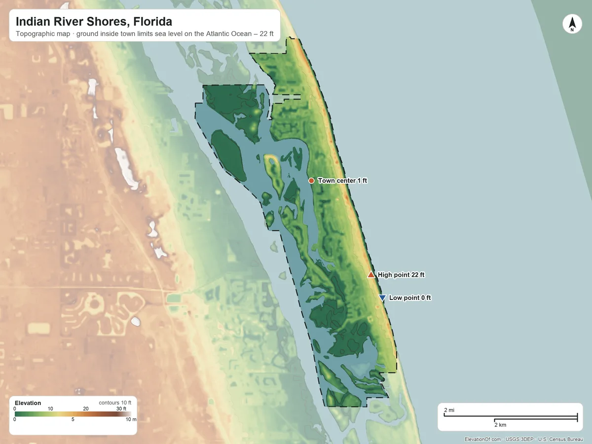 Topographic elevation map of Indian River Shores, Florida, shaded from sea level level on the Atlantic Ocean to 22 ft on the southeast side