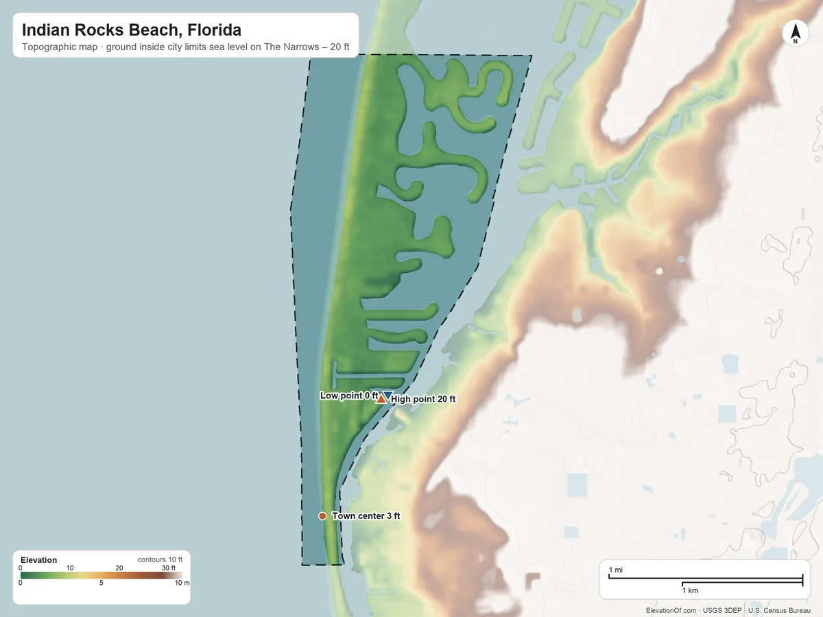 Topographic elevation map of Indian Rocks Beach, Florida, shaded from sea level level on The Narrows to 20 ft on the northeast side