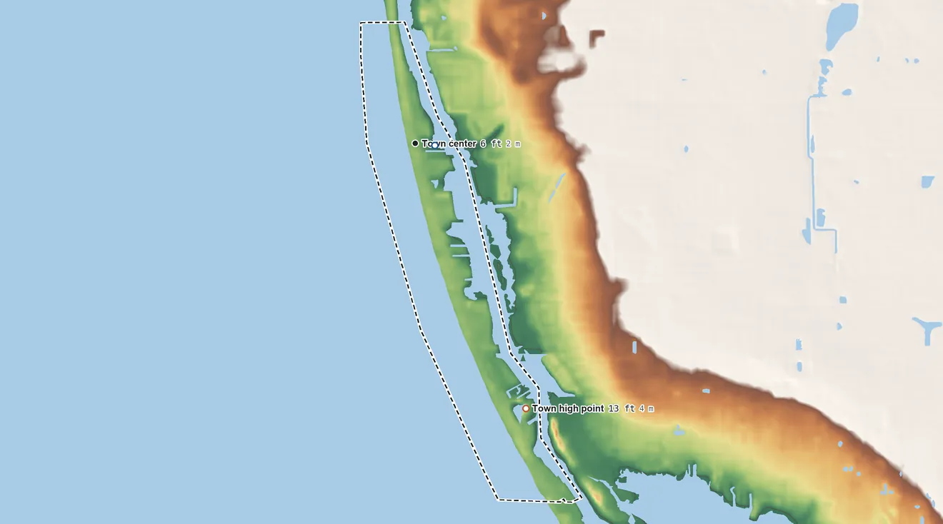 Topographic elevation map of Indian Shores, Florida, shaded from sea level level on The Narrows to 13 ft on the southeast side