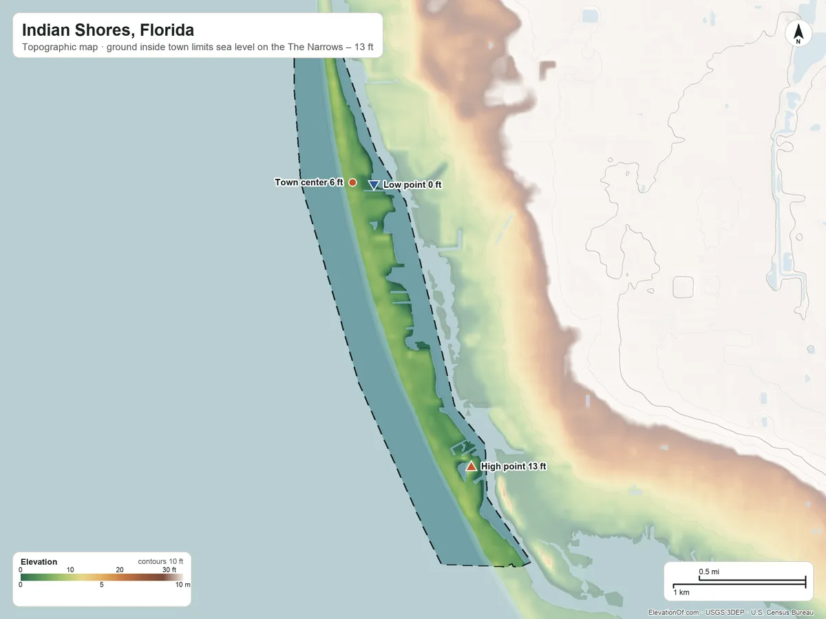 Topographic elevation map of Indian Shores, Florida, shaded from sea level level on The Narrows to 13 ft on the southeast side