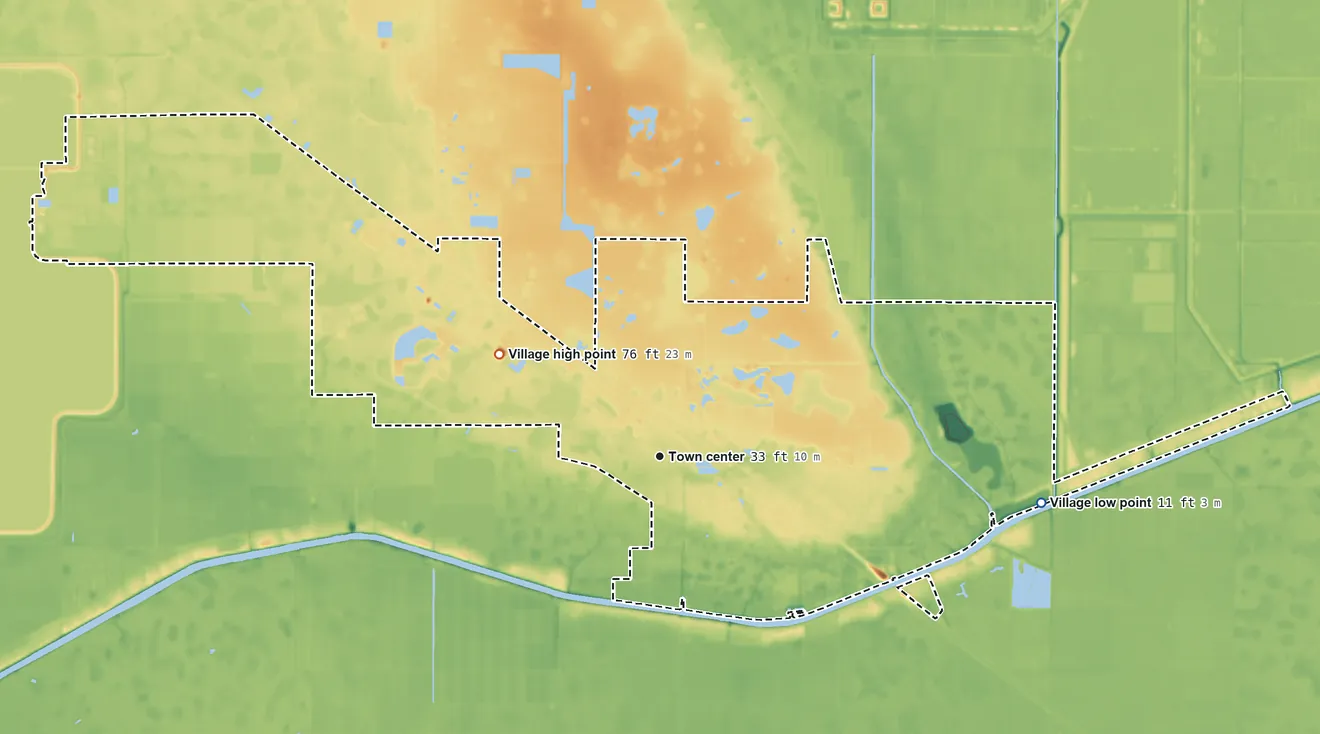 Topographic elevation map of Indiantown, Florida, shaded from 11 ft on the east side to 76 ft on the northwest side