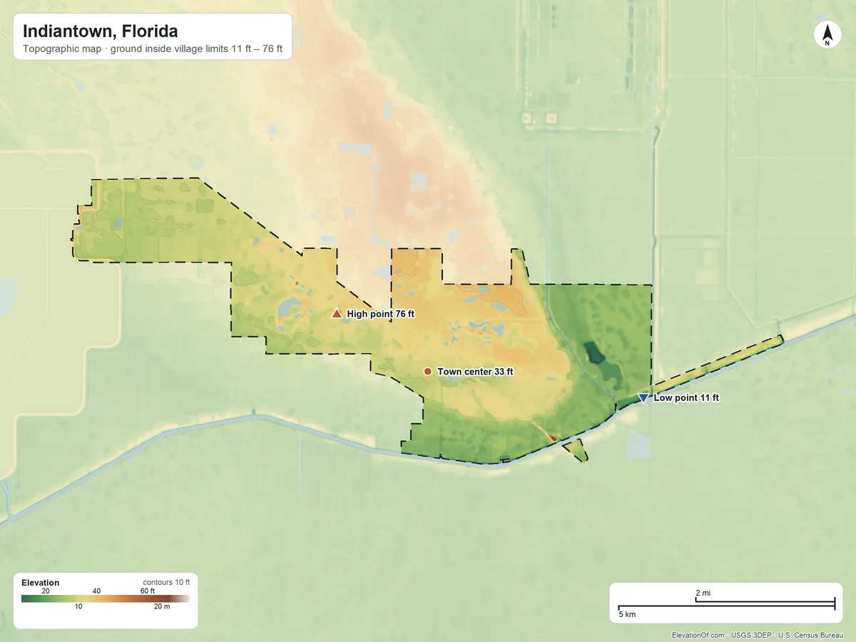 Topographic elevation map of Indiantown, Florida, shaded from 11 ft on the east side to 76 ft on the northwest side