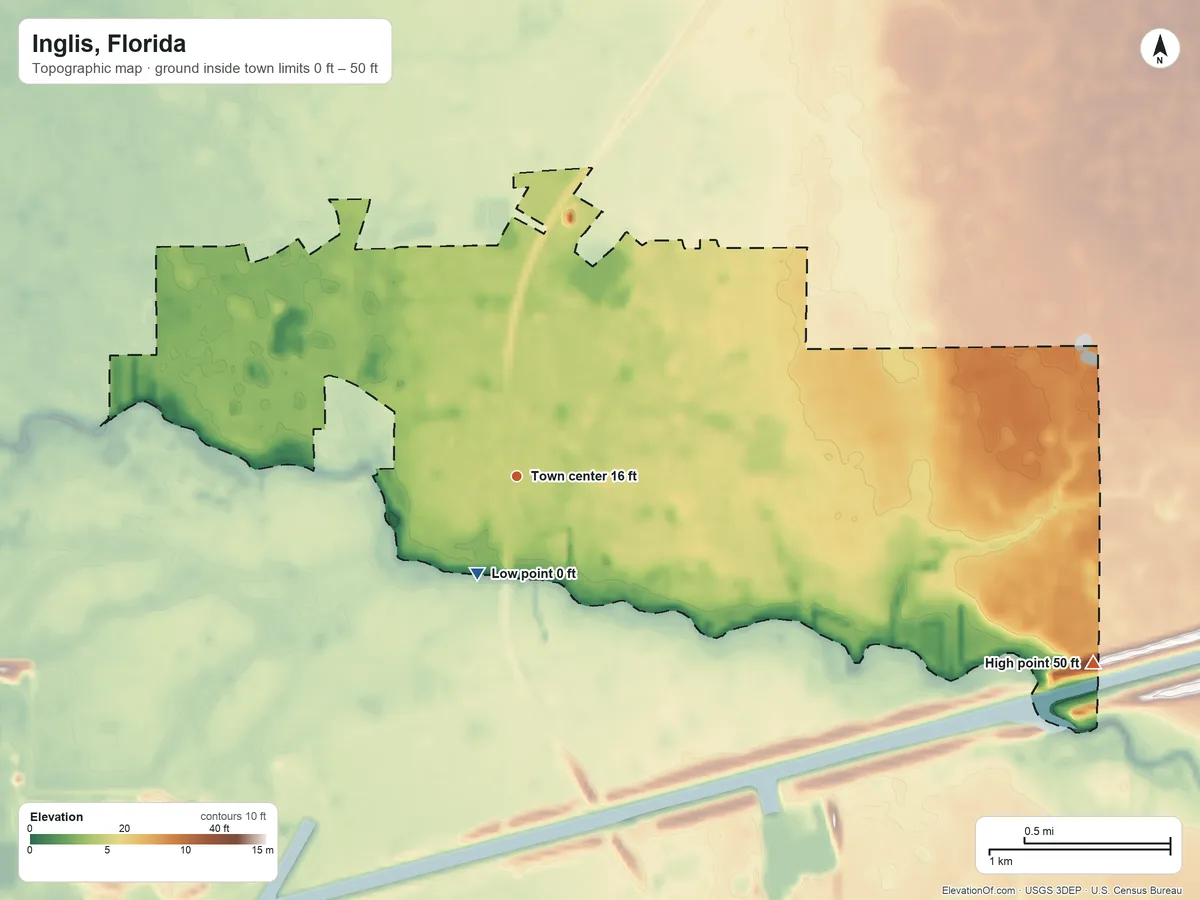 Topographic elevation map of Inglis, Florida, shaded from 0 ft near the middle to 50 ft on the east side