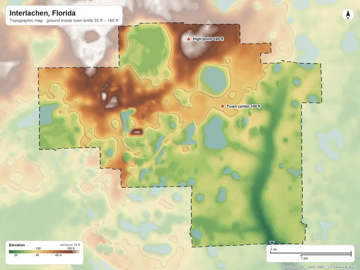 Topographic elevation map of Interlachen, Florida, shaded from 55 ft on the south side to 160 ft on the northwest side