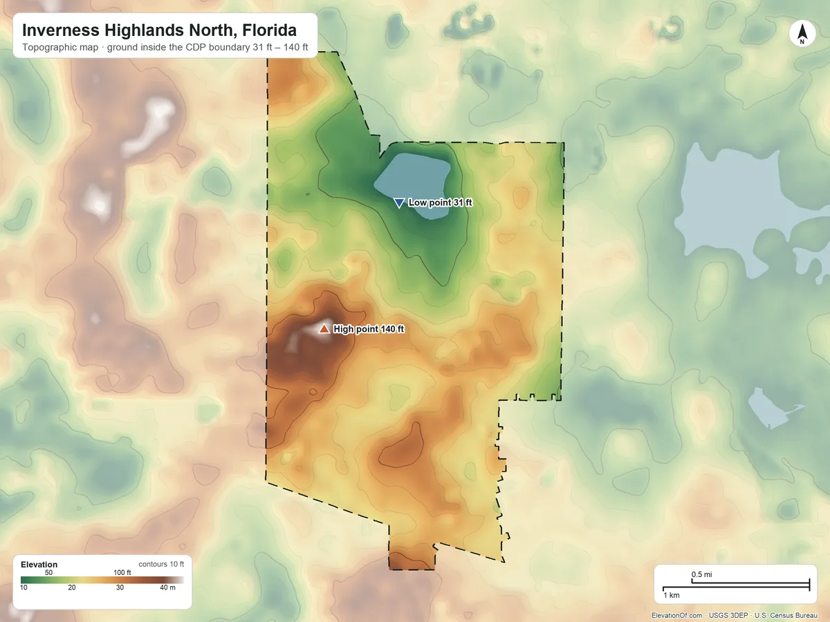 Topographic elevation map of Inverness Highlands North, Florida, shaded from 31 ft on the north side to 140 ft on the southwest side