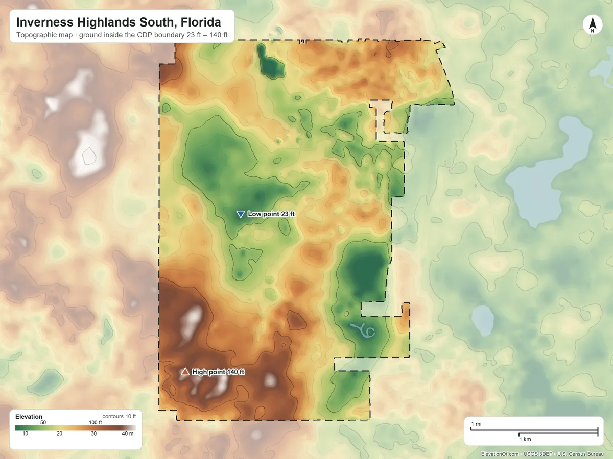 Topographic elevation map of Inverness Highlands South, Florida, shaded from 23 ft on the west side to 140 ft on the southwest side