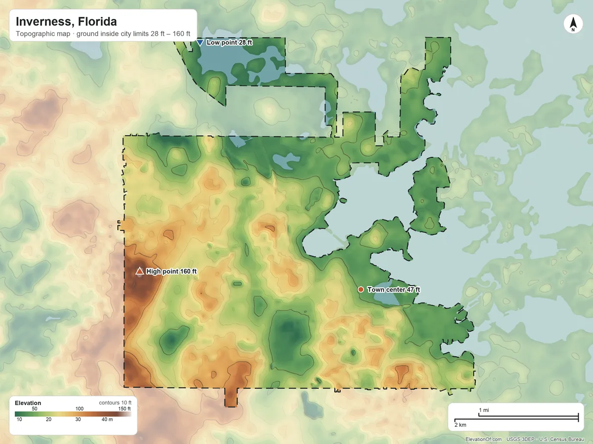 Topographic elevation map of Inverness, Florida, shaded from 28 ft on the northwest side to 160 ft on the west side