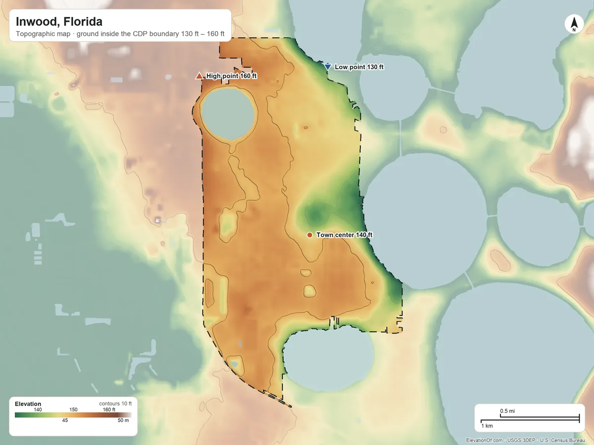 Topographic elevation map of Inwood, Florida, shaded from 130 ft on the north side to 160 ft on the northwest side