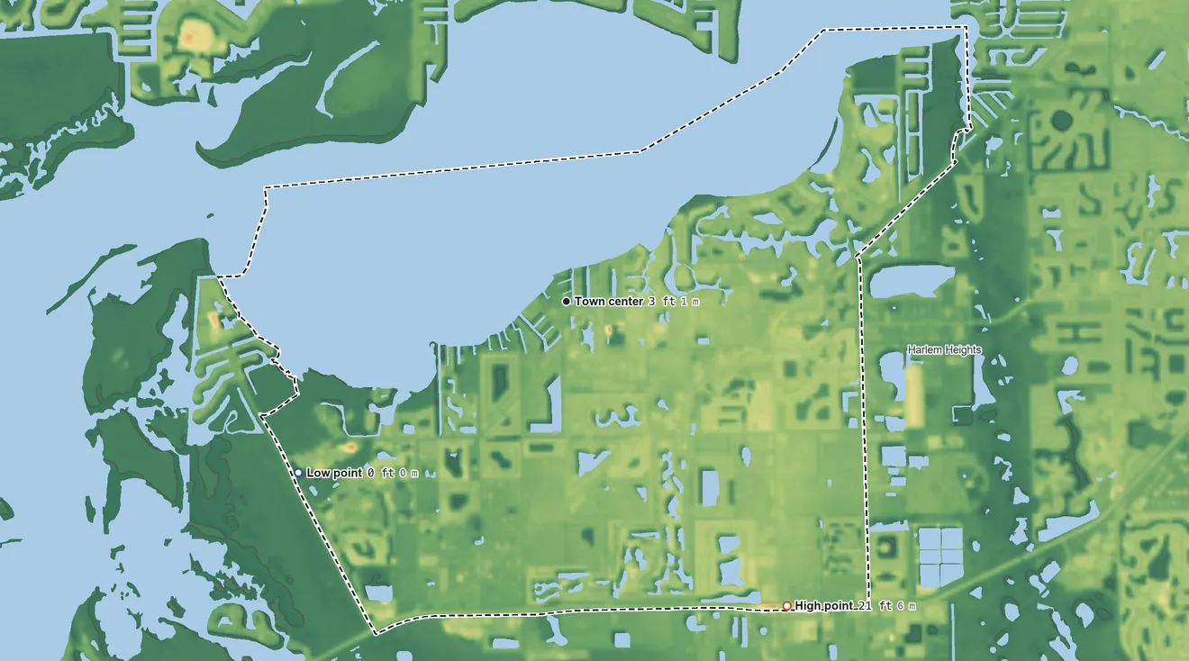Topographic elevation map of Iona, Florida, shaded from sea level level on Punta Rassa Cove to 21 ft on the southeast side