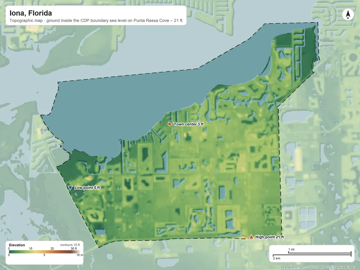 Topographic elevation map of Iona, Florida, shaded from sea level level on Punta Rassa Cove to 21 ft on the southeast side