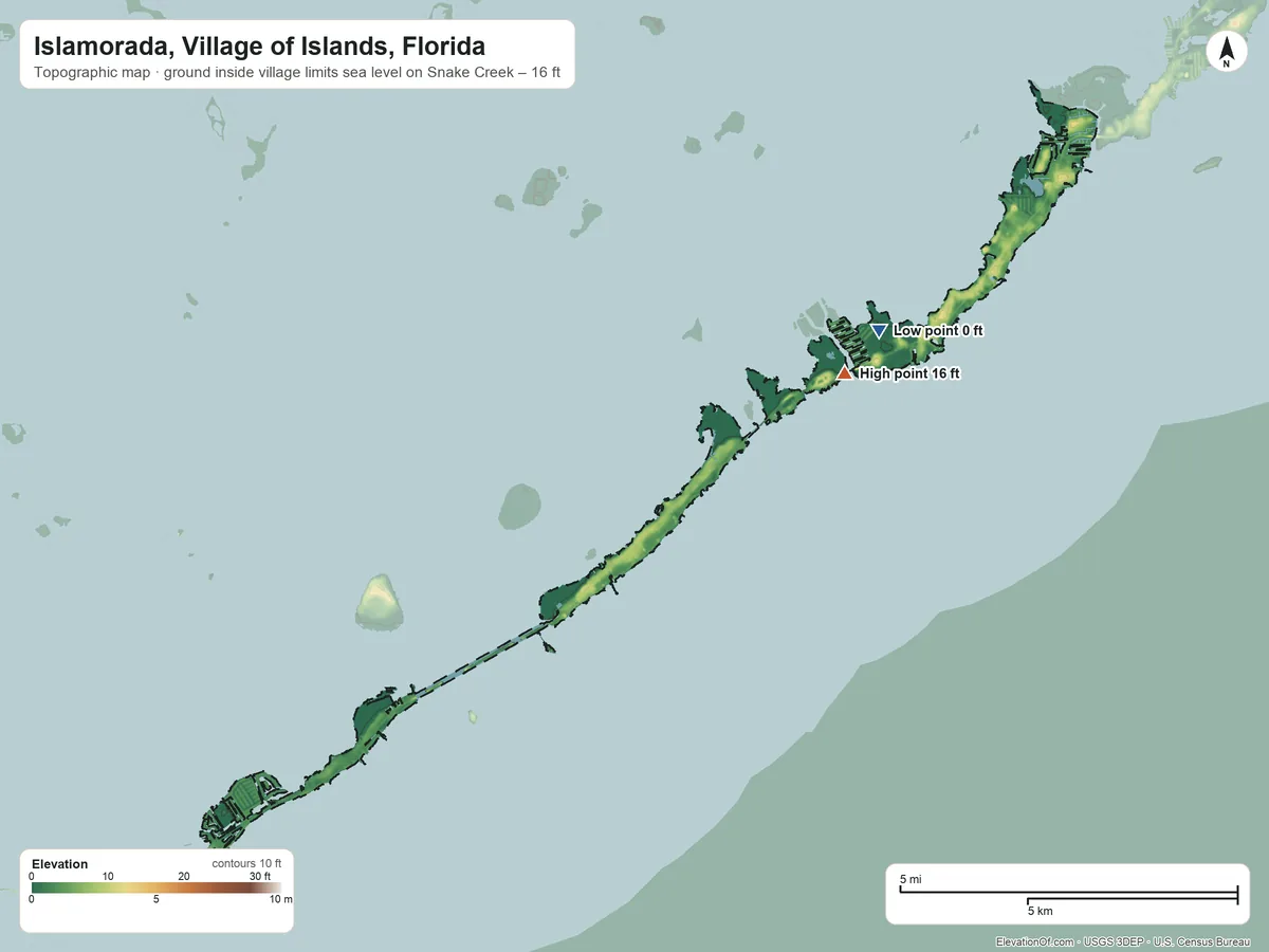 Topographic elevation map of Islamorada, Village of Islands, Florida, shaded from sea level level on Snake Creek to 16 ft near the middle