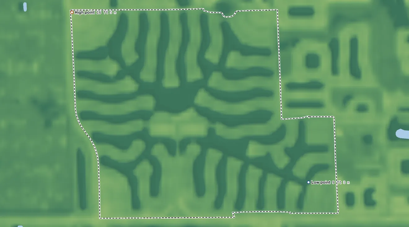 Topographic elevation map of Island Walk, Florida, shaded from 9 ft on the southeast side to 16 ft on the northwest side