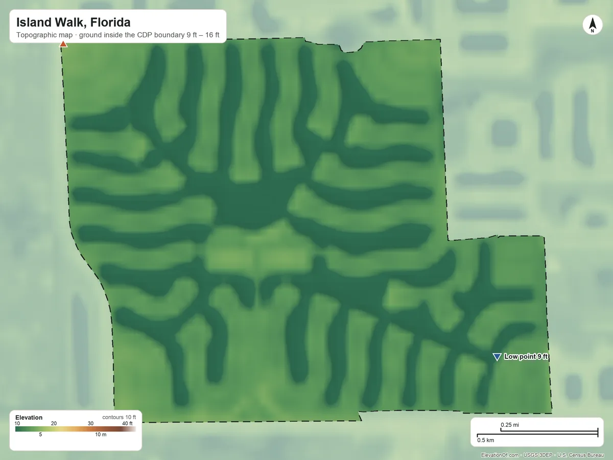 Topographic elevation map of Island Walk, Florida, shaded from 9 ft on the southeast side to 16 ft on the northwest side