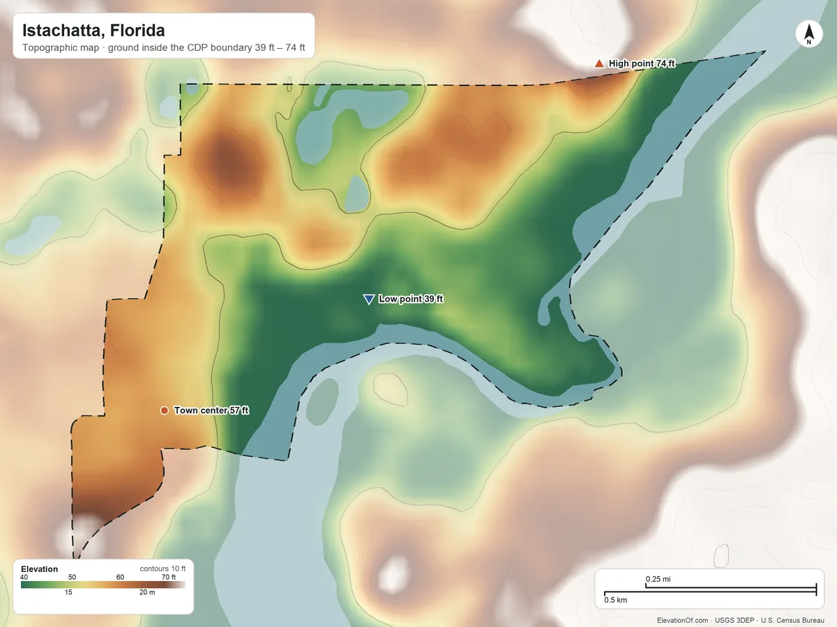 Topographic elevation map of Istachatta, Florida, shaded from 39 ft on the northeast side to 74 ft on the northeast side