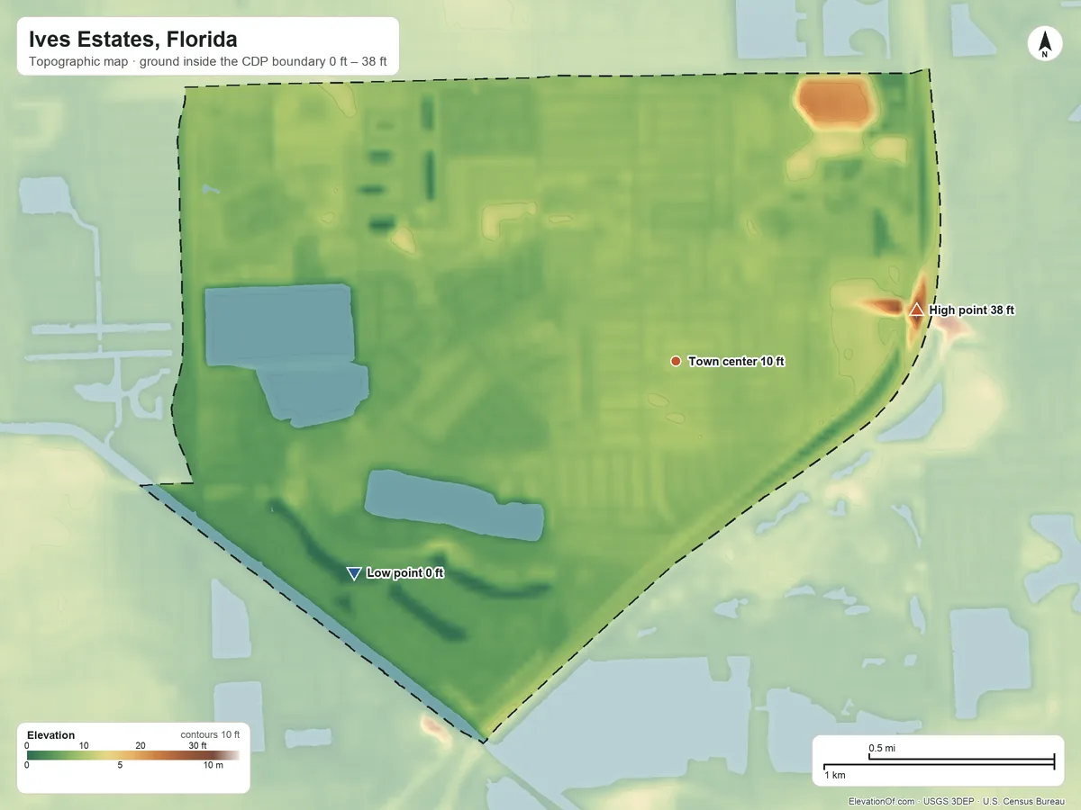 Topographic elevation map of Ives Estates, Florida, shaded from 0 ft on the southwest side to 38 ft on the east side