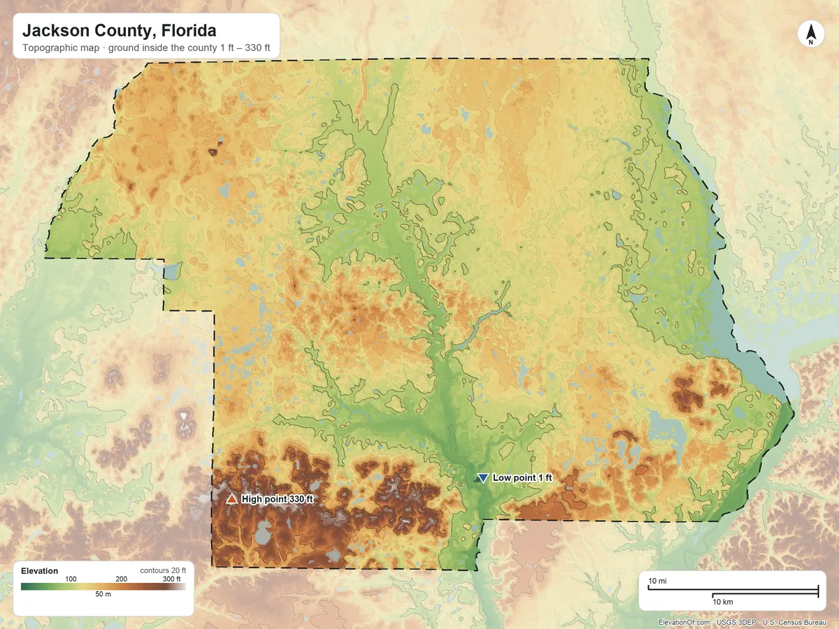 Topographic elevation map of Jackson County, Florida, shaded from 1 ft on the south side to 330 ft on the southwest side