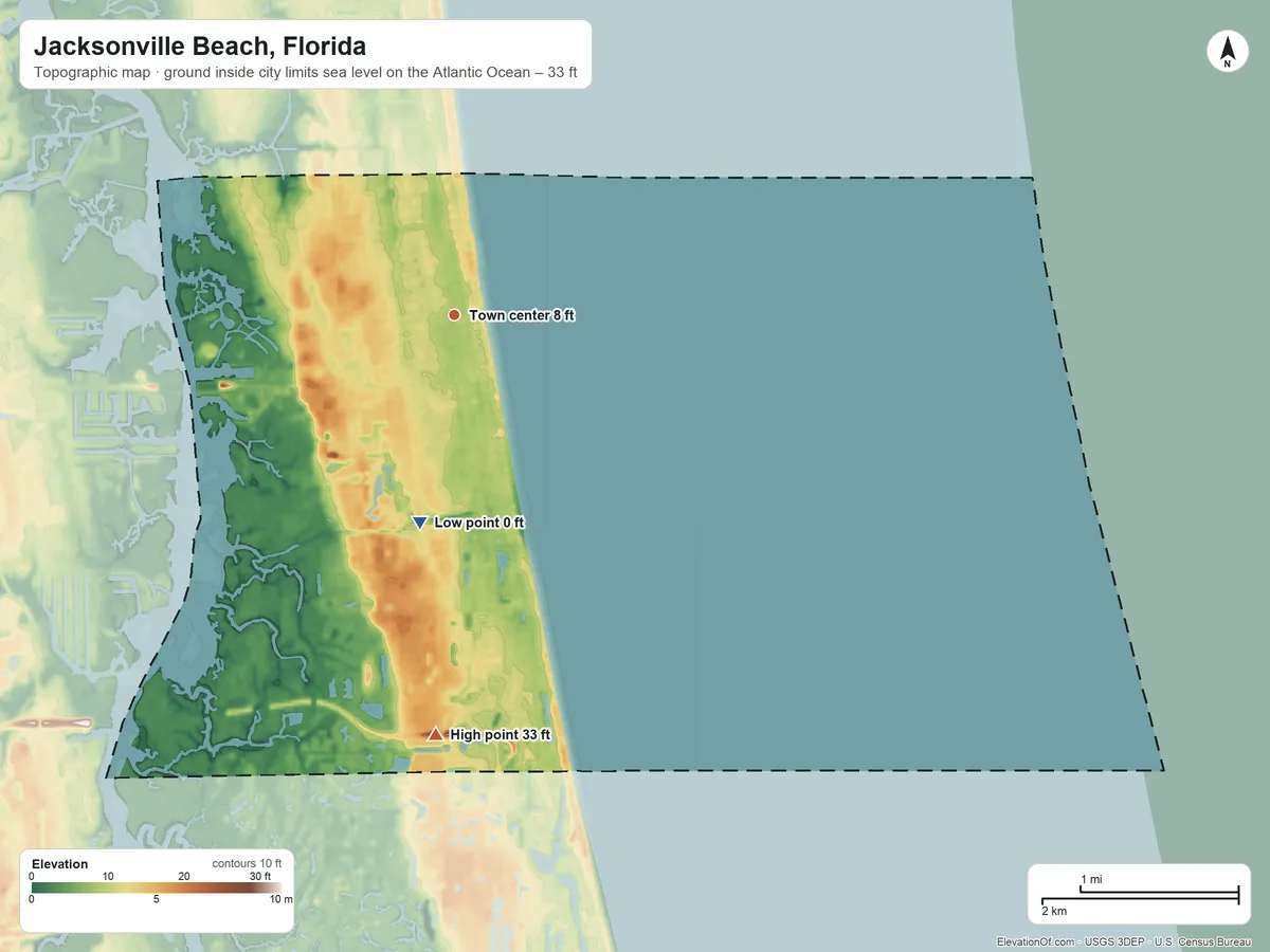 Topographic elevation map of Jacksonville Beach, Florida, shaded from sea level level on the Atlantic Ocean to 33 ft on the south side