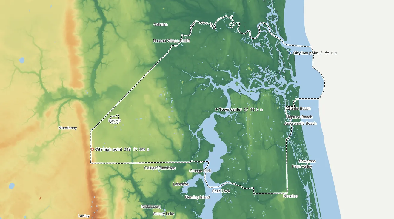 Topographic elevation map of Jacksonville, Florida, shaded from sea level level on the Atlantic Ocean to 340 ft on the west side