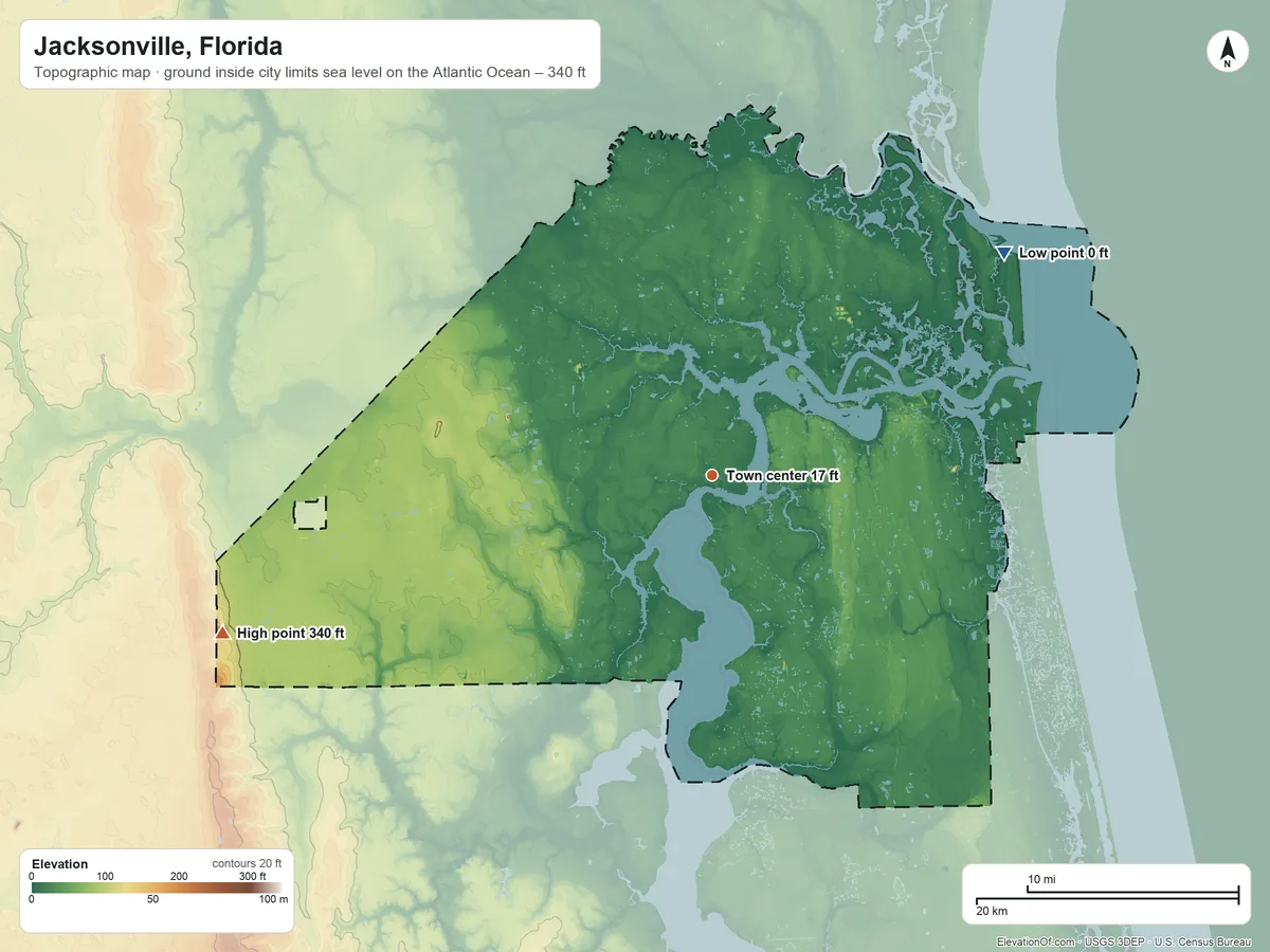 Topographic elevation map of Jacksonville, Florida, shaded from sea level level on the Atlantic Ocean to 340 ft on the west side
