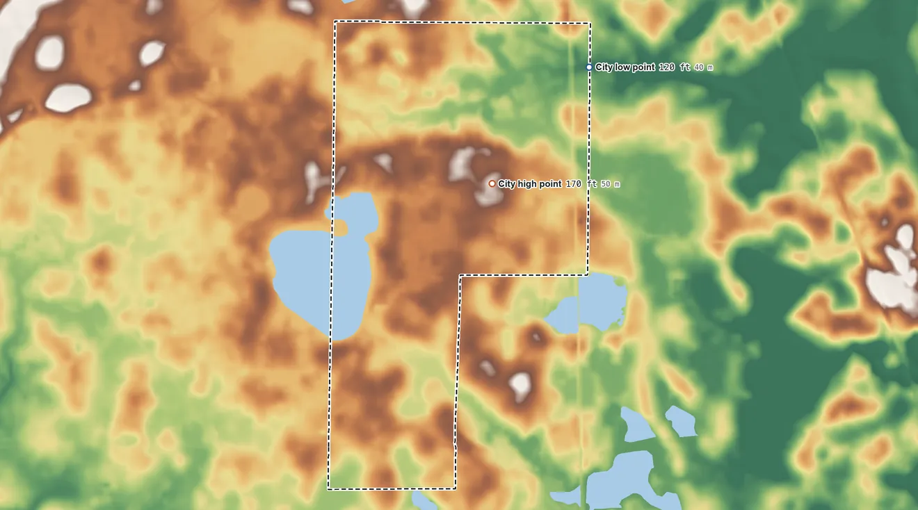Topographic elevation map of Jacob City, Florida, shaded from 120 ft on the northeast side to 170 ft on the northeast side