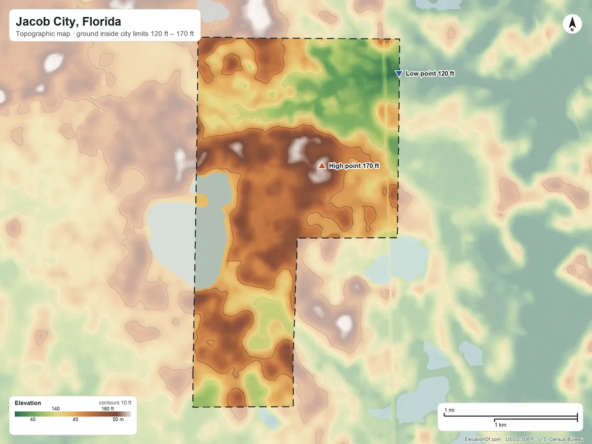 Topographic elevation map of Jacob City, Florida, shaded from 120 ft on the northeast side to 170 ft on the northeast side