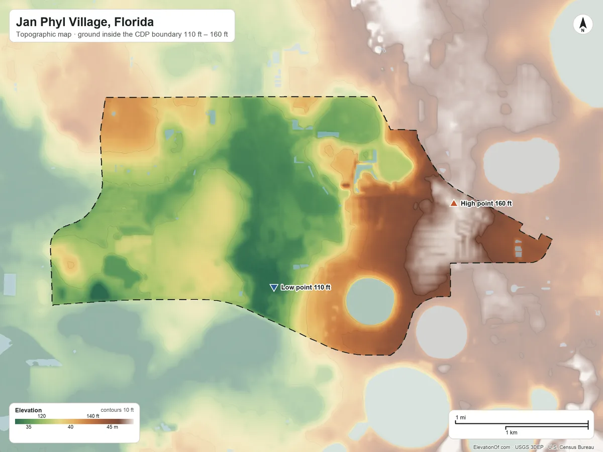Topographic elevation map of Jan Phyl Village, Florida, shaded from 110 ft on the west side to 160 ft on the northeast side