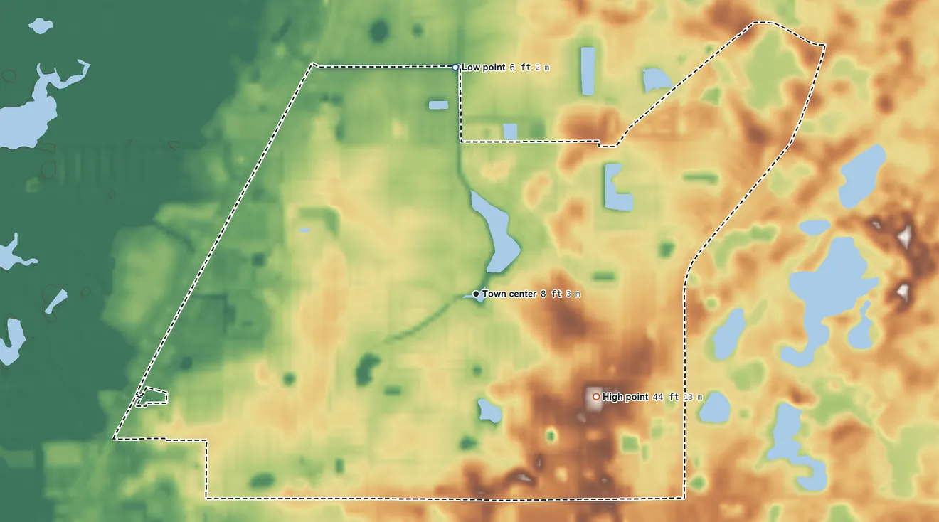 Topographic elevation map of Jasmine Estates, Florida, shaded from 6 ft on the north side to 44 ft on the southeast side