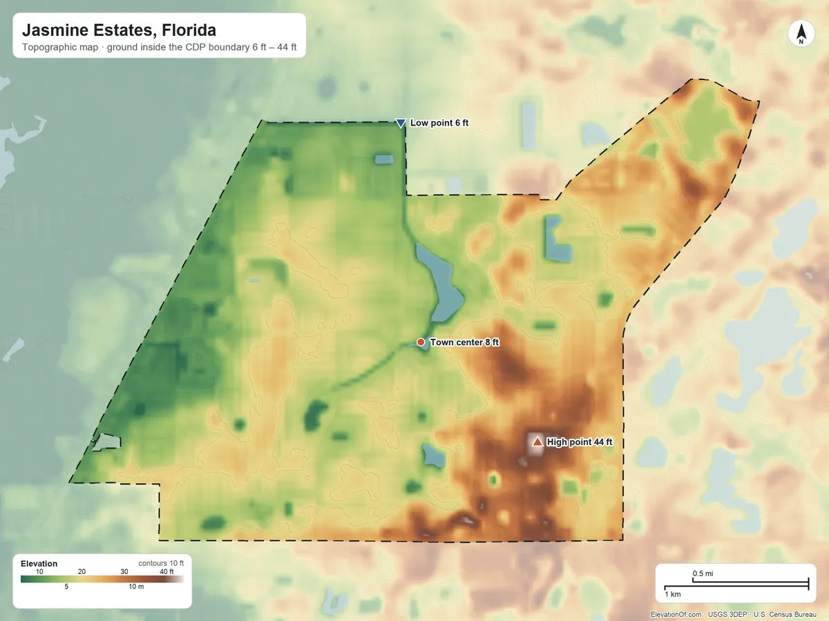 Topographic elevation map of Jasmine Estates, Florida, shaded from 6 ft on the north side to 44 ft on the southeast side