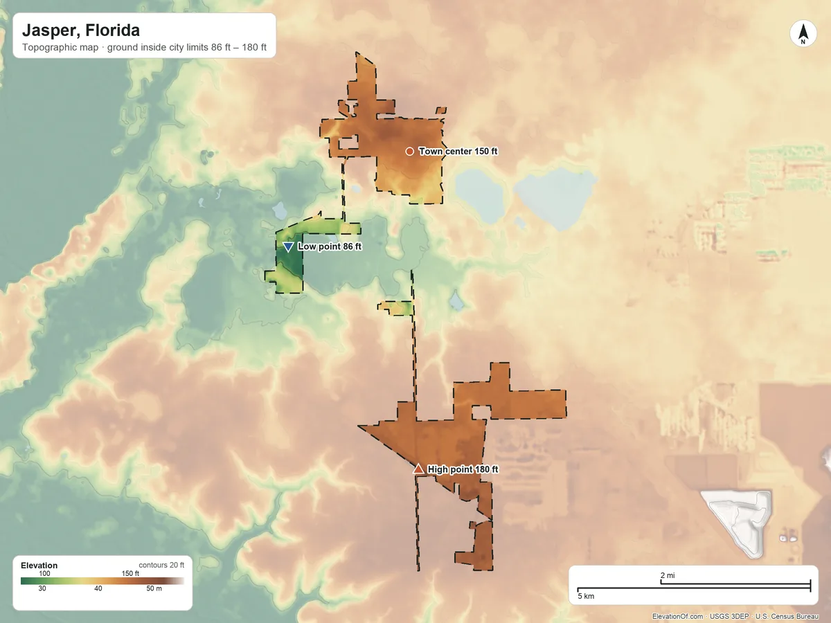 Topographic elevation map of Jasper, Florida, shaded from 86 ft on the southwest side to 180 ft on the south side