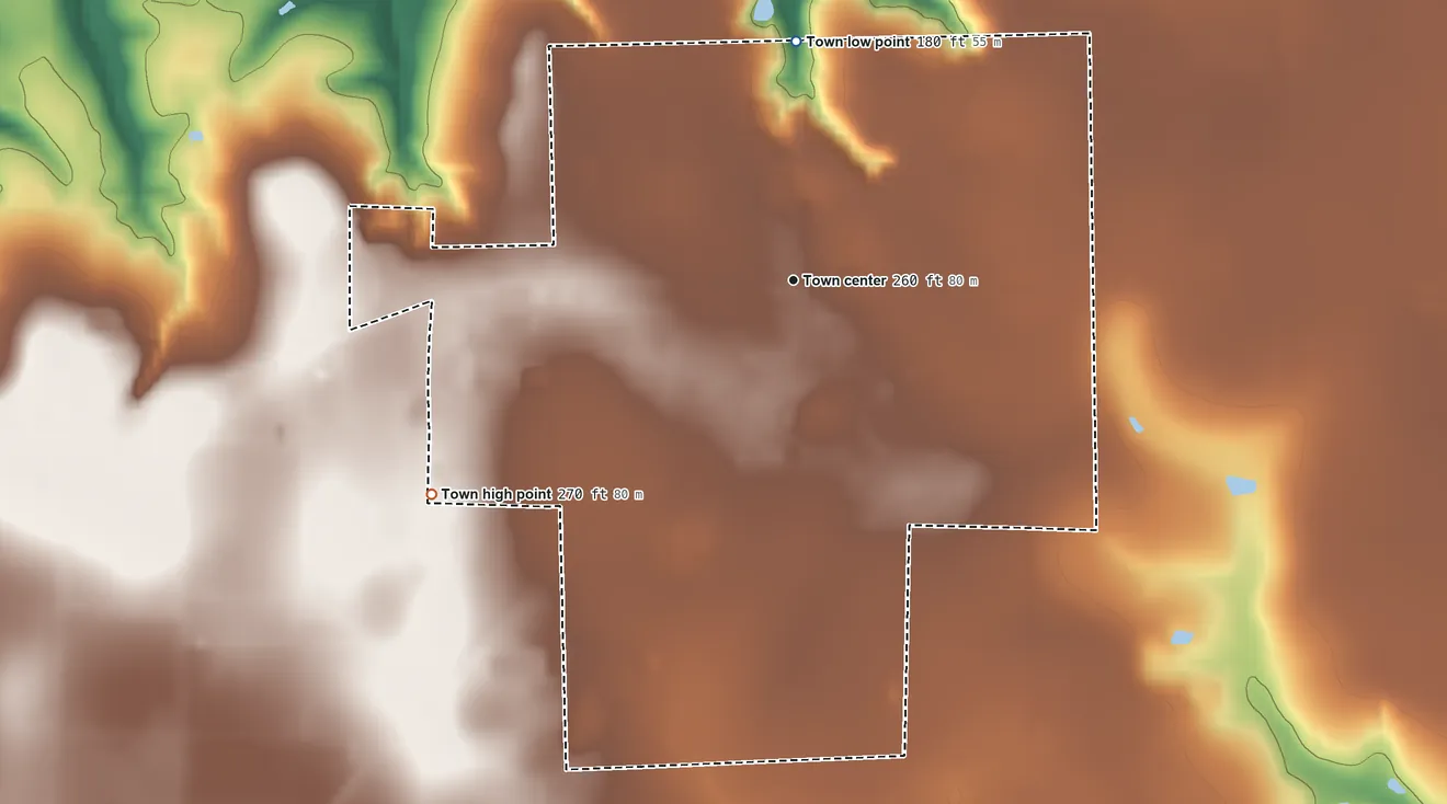 Topographic elevation map of Jay, Florida, shaded from 180 ft on the north side to 270 ft on the southwest side