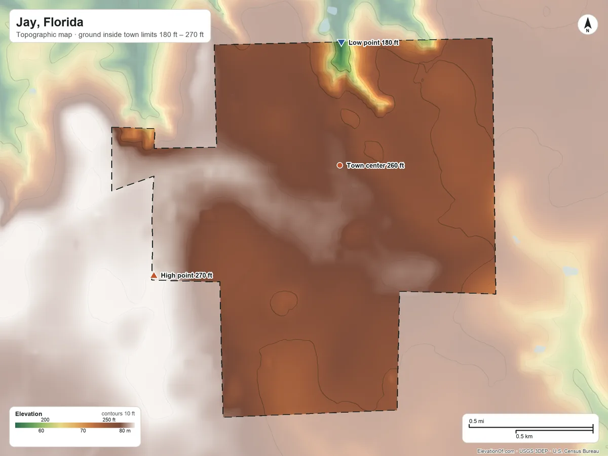 Topographic elevation map of Jay, Florida, shaded from 180 ft on the north side to 270 ft on the southwest side