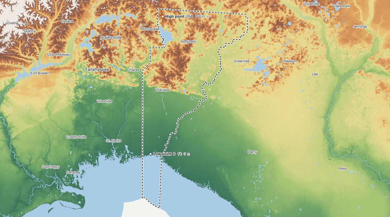 Topographic elevation map of Jefferson County, Florida, shaded from sea level on the Gulf of America to 260 ft on the north side