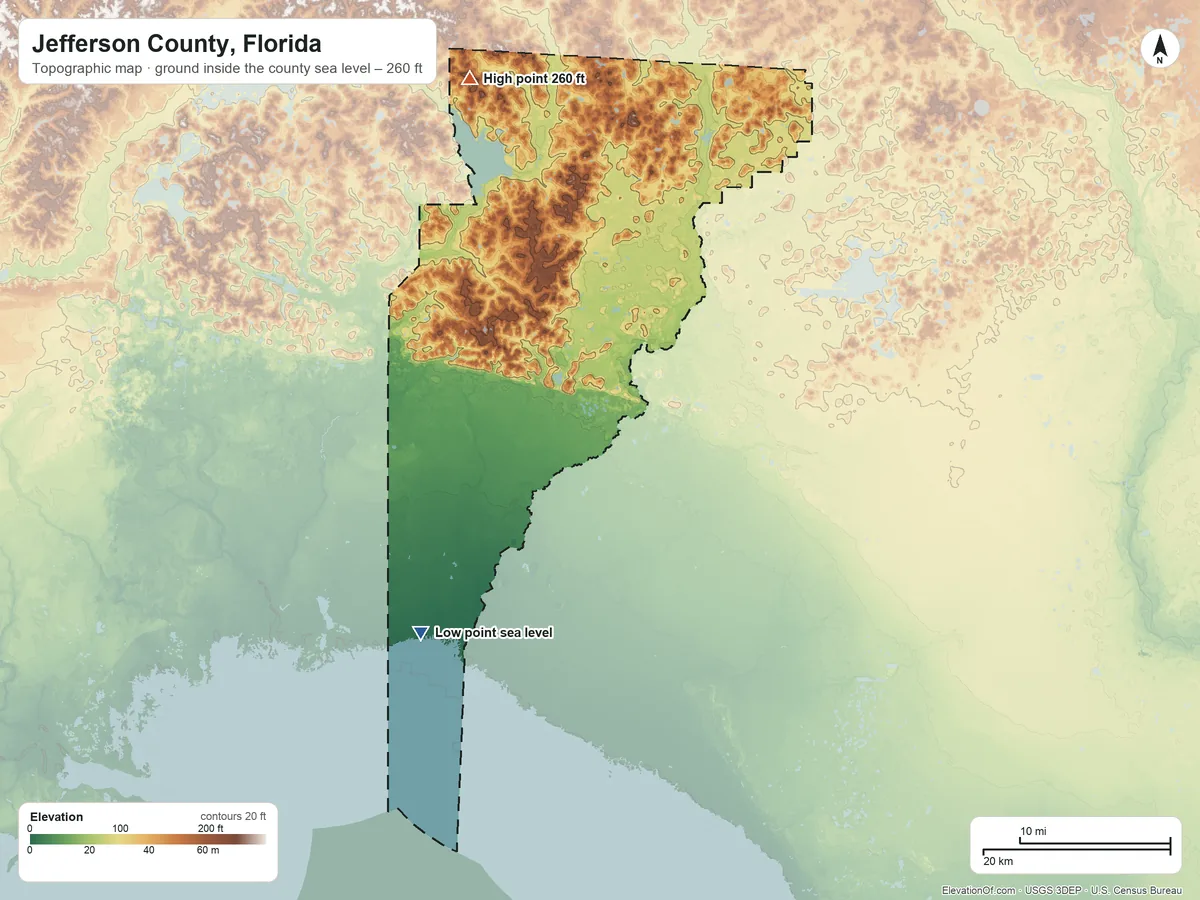 Topographic elevation map of Jefferson County, Florida, shaded from sea level on the Gulf of America to 260 ft on the north side