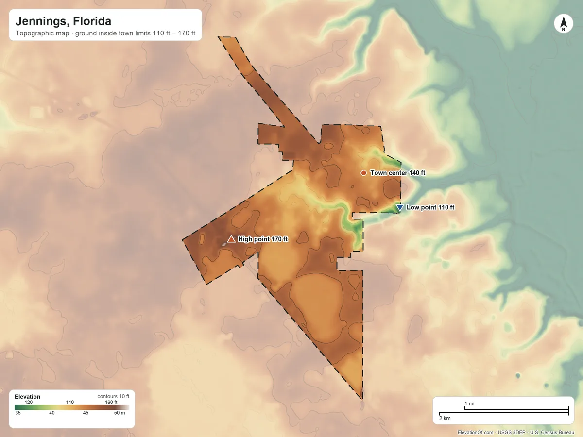 Topographic elevation map of Jennings, Florida, shaded from 110 ft on the southeast side to 170 ft on the southwest side