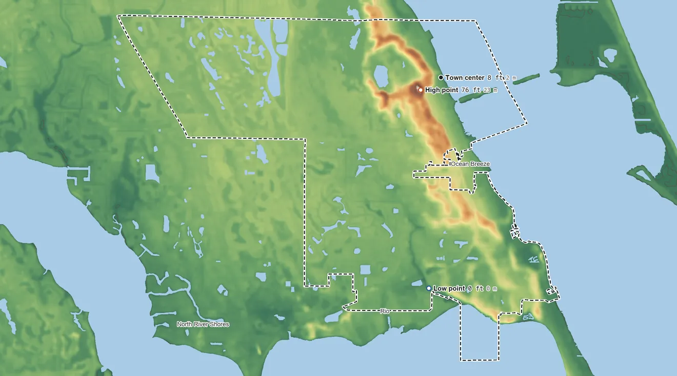 Topographic elevation map of Jensen Beach, Florida, shaded from 0 ft on the south side to 76 ft near the middle