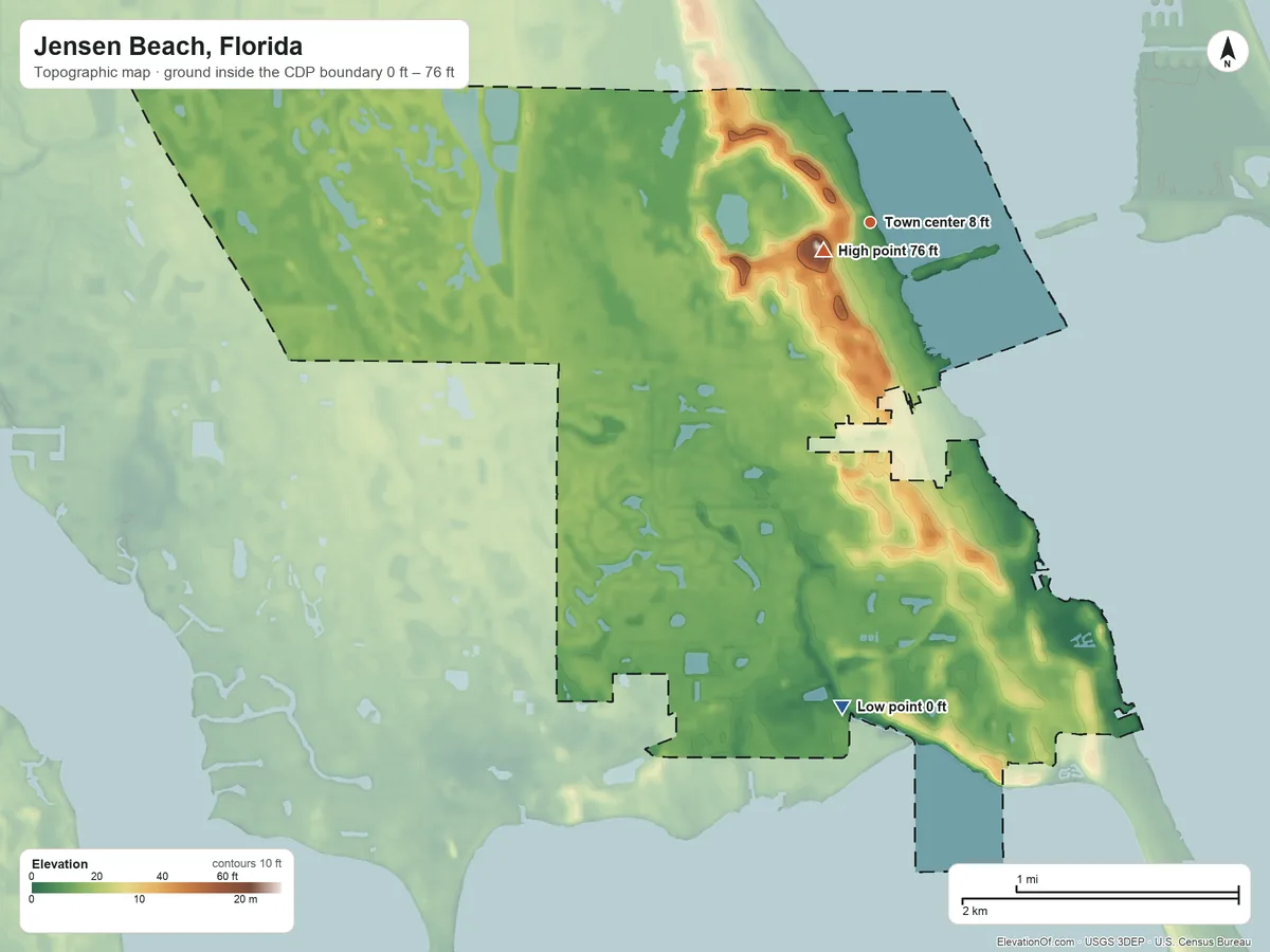 Topographic elevation map of Jensen Beach, Florida, shaded from 0 ft on the south side to 76 ft near the middle