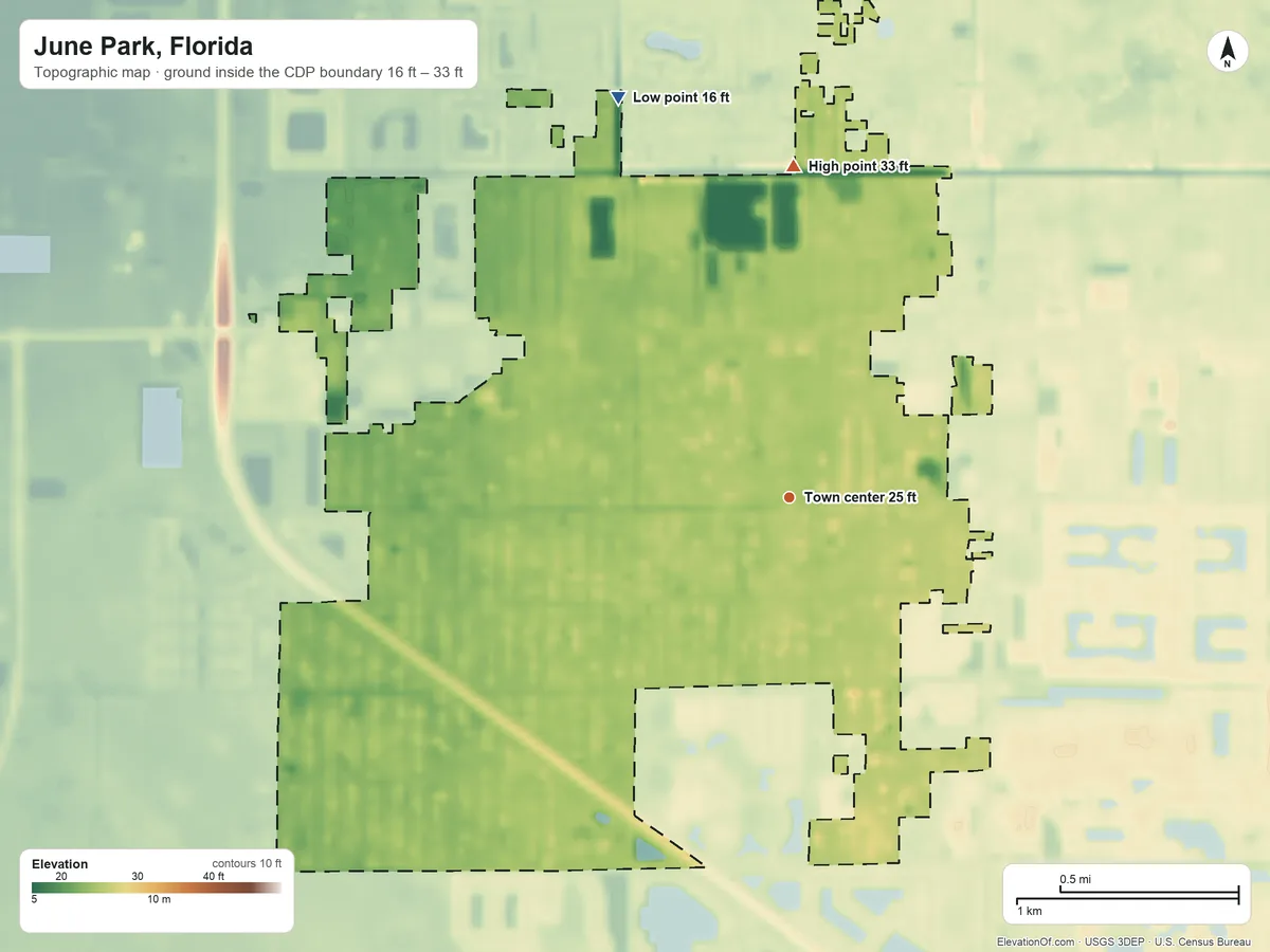 Topographic elevation map of June Park, Florida, shaded from 16 ft on the northwest side to 33 ft on the north side