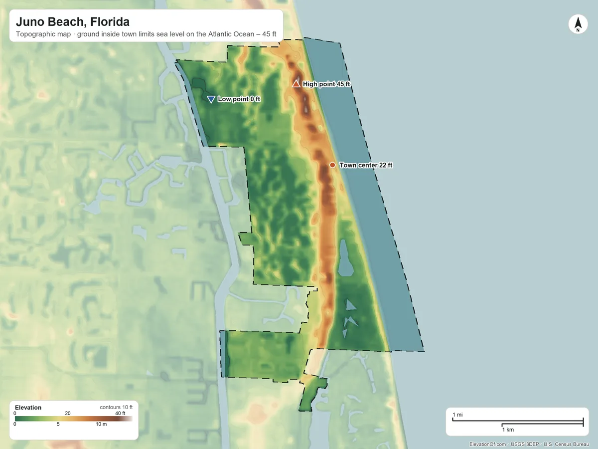 Topographic elevation map of Juno Beach, Florida, shaded from sea level level on the Atlantic Ocean to 45 ft on the northwest side